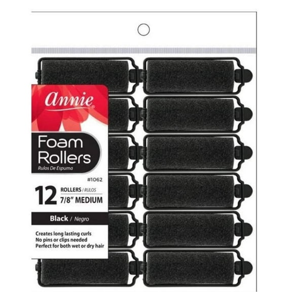 Annie Medium 7/8" Foam Hair Rollers, Black, 12 Count