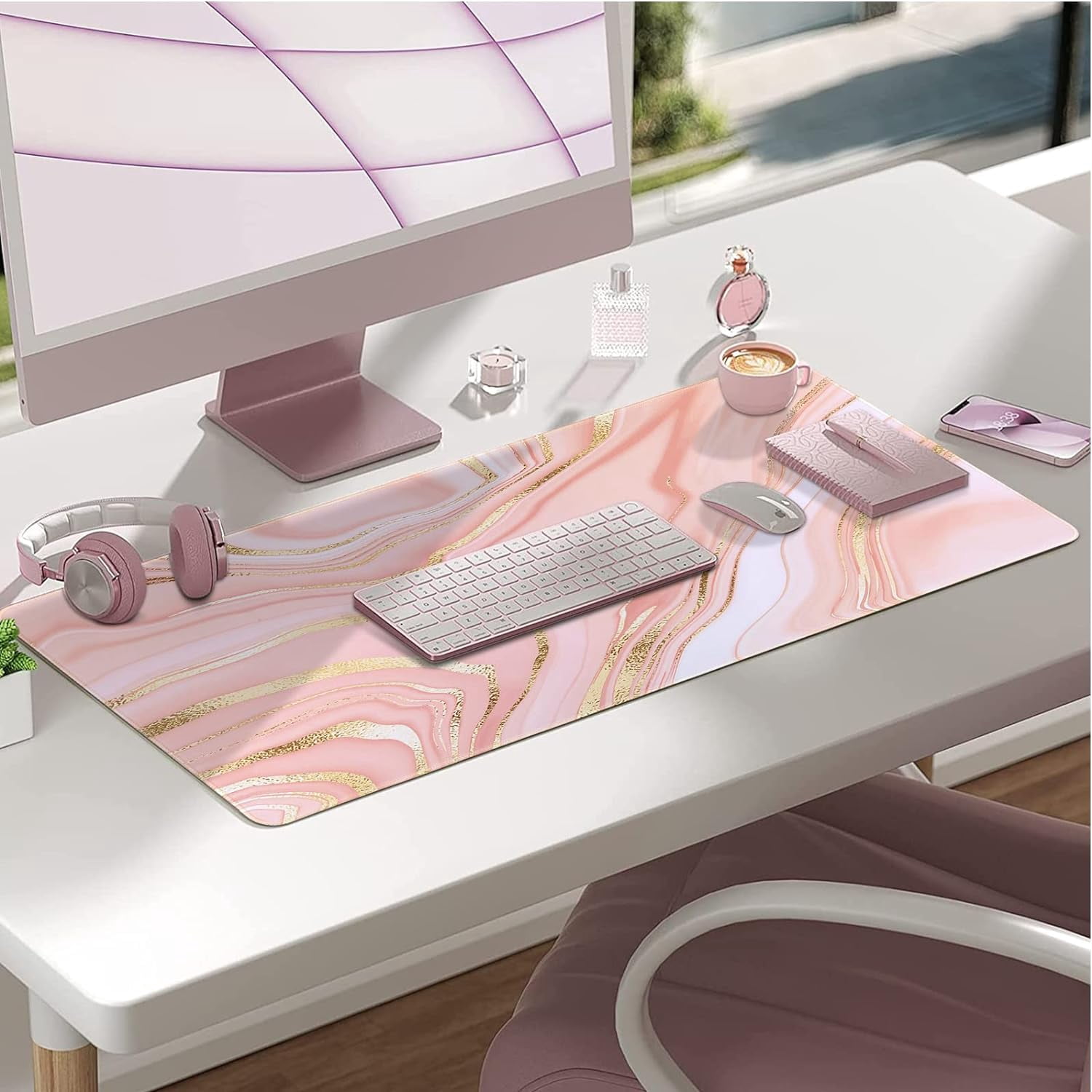 Rose Gold Desk Mat, Gaming Mouse Pad Large, XXL Desk Pad Mat with Non-Slip Rubber Base, Computer Keyboard Mat, Desktop Matt for Women, Home, Office Decor Laptop,Pink Marble Fulid