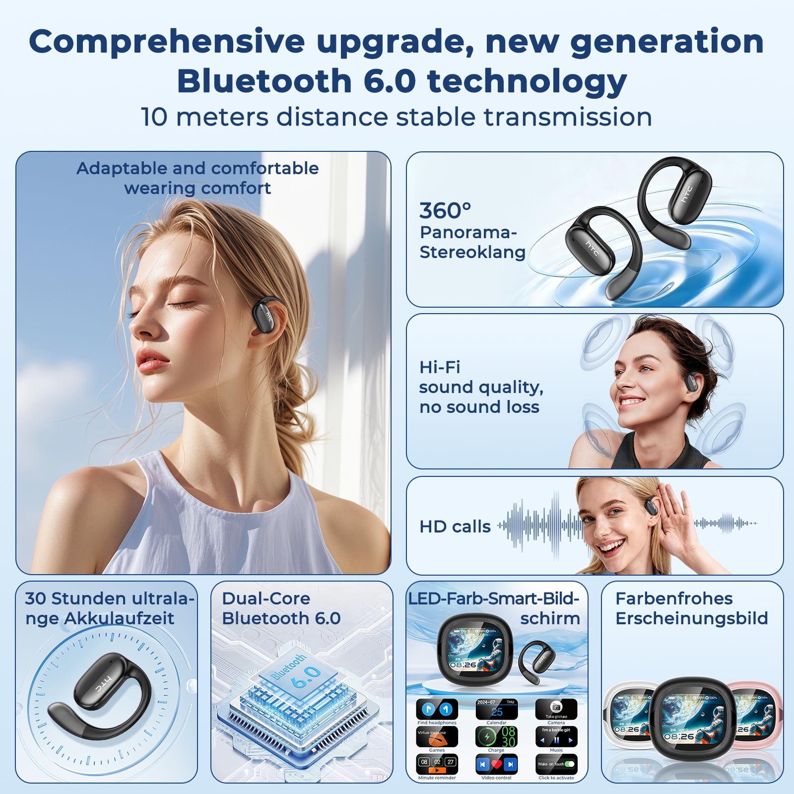 HTC Open Ear Wireless Earbuds Bluetooth 6.0 with Touch Screen Charging Case, Earhook Headphones with Mic, HiFi Stereo, 30H Playtime, IPX5 Waterproof for Running Workout, Black