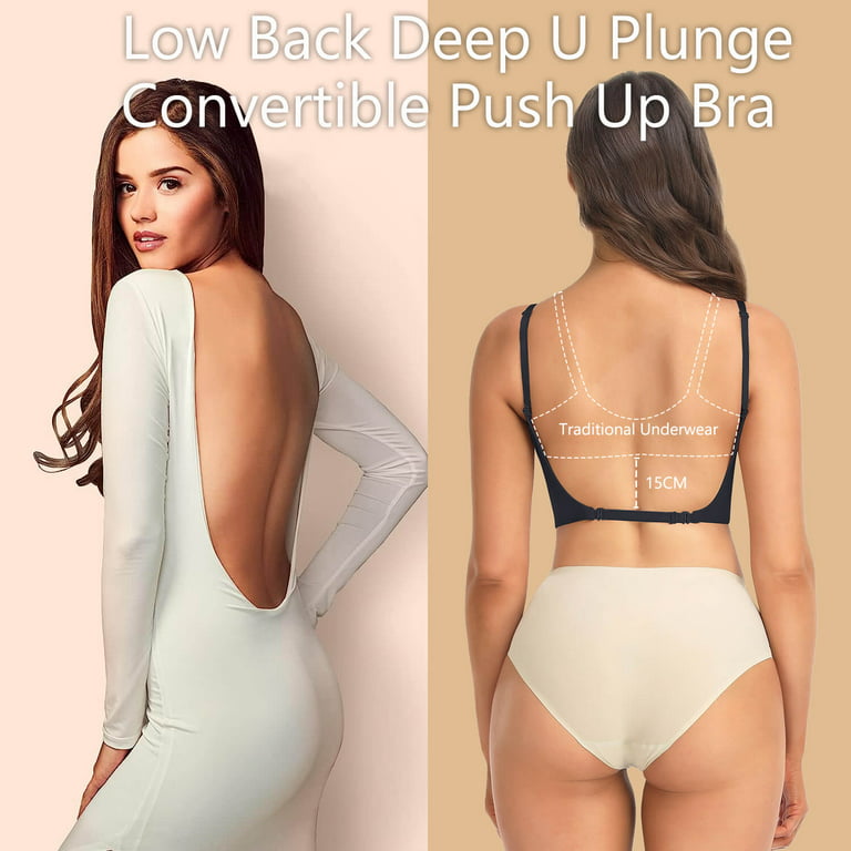 Womens Low Back Bra Wire Lifting Deep U Shaped Plunge Backless Bra