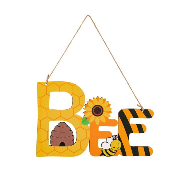 Colgador de letras del día de la abeja, colgador de letrero de puerta, decoración de madera de abeja amarilla