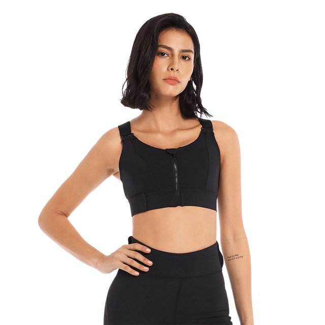 Womens High Impact Sports Bra Front Zipper Closure Adjustable Velcro Straps Shockproof Post-Surgery Workout Bra
