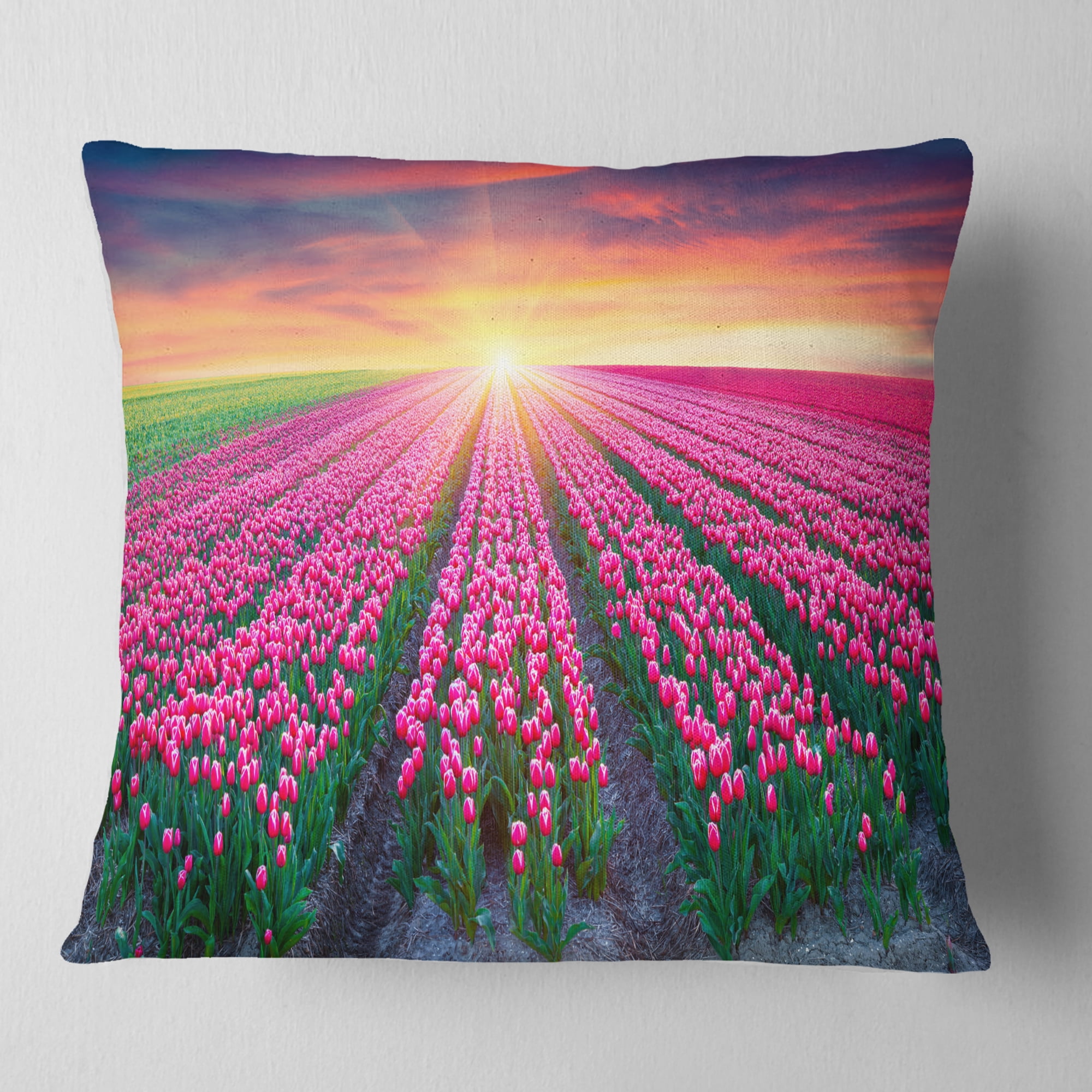 Designart Blooming Tulips at Sunrise - Photography Throw Pillow - 16x16