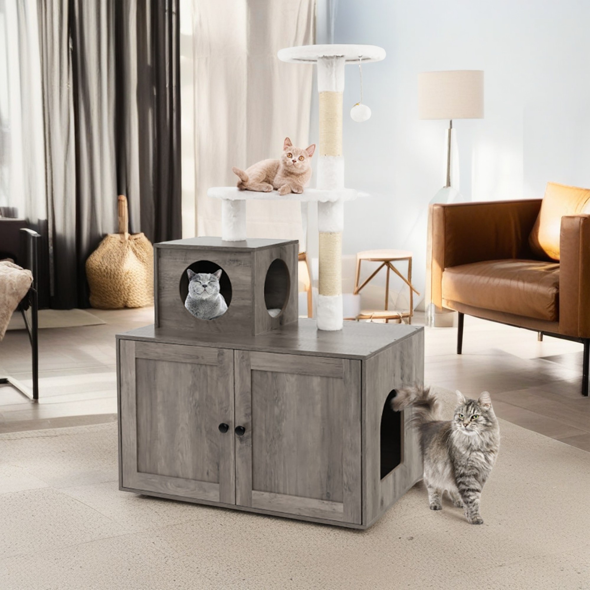 Kadyn 52" Cat Tree with Wood Litter Box Enclosure, All-in-one Indoor Cat Furniture with Large Platform and Condo, Modern Style Cat Tower, Gray