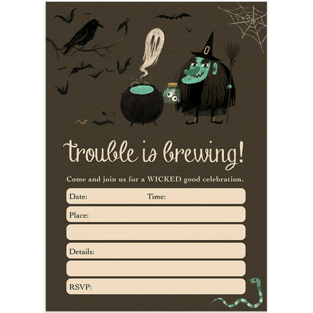 Witch Halloween Party Invites & Envelopes ( Pack of 25 ) Trouble Is Brewing Spooky Kids Children's Party Fill-In Large Blank 5x7