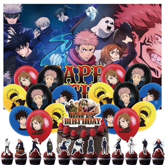 30 PCS For Jujutsu Kaisen Theme Birthday Party Decorations,With 5*3ft Birthday Backdrop Decorations,13 Cupcake Toppers,16 Balloons,All-in-One Party Supply Set