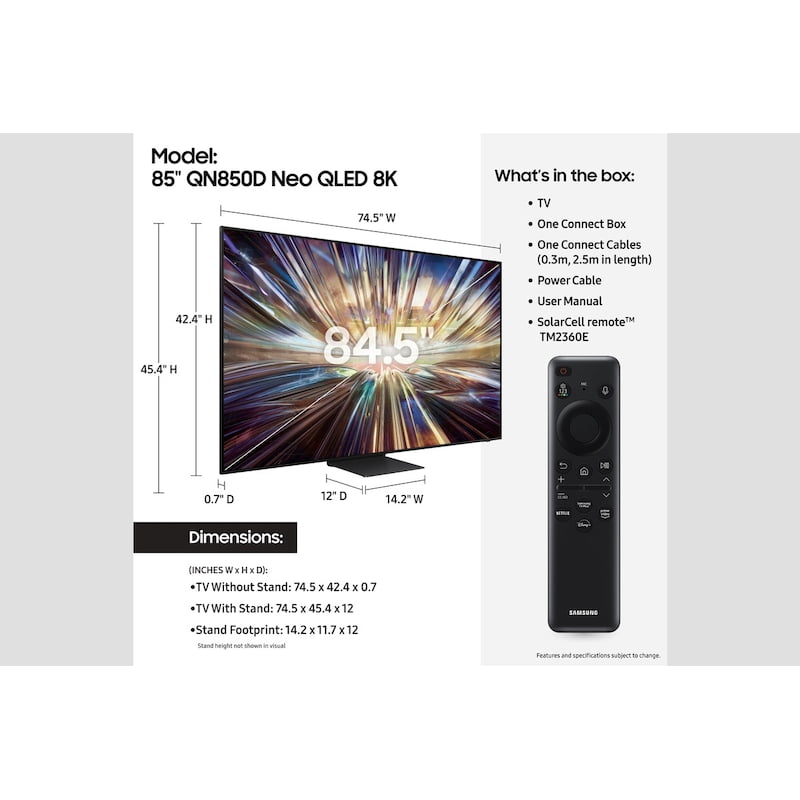 Samsung QN85QN850DFXZA 85" Neo QLED 8K AI Upscaling Pro TV (2024) display and camera view