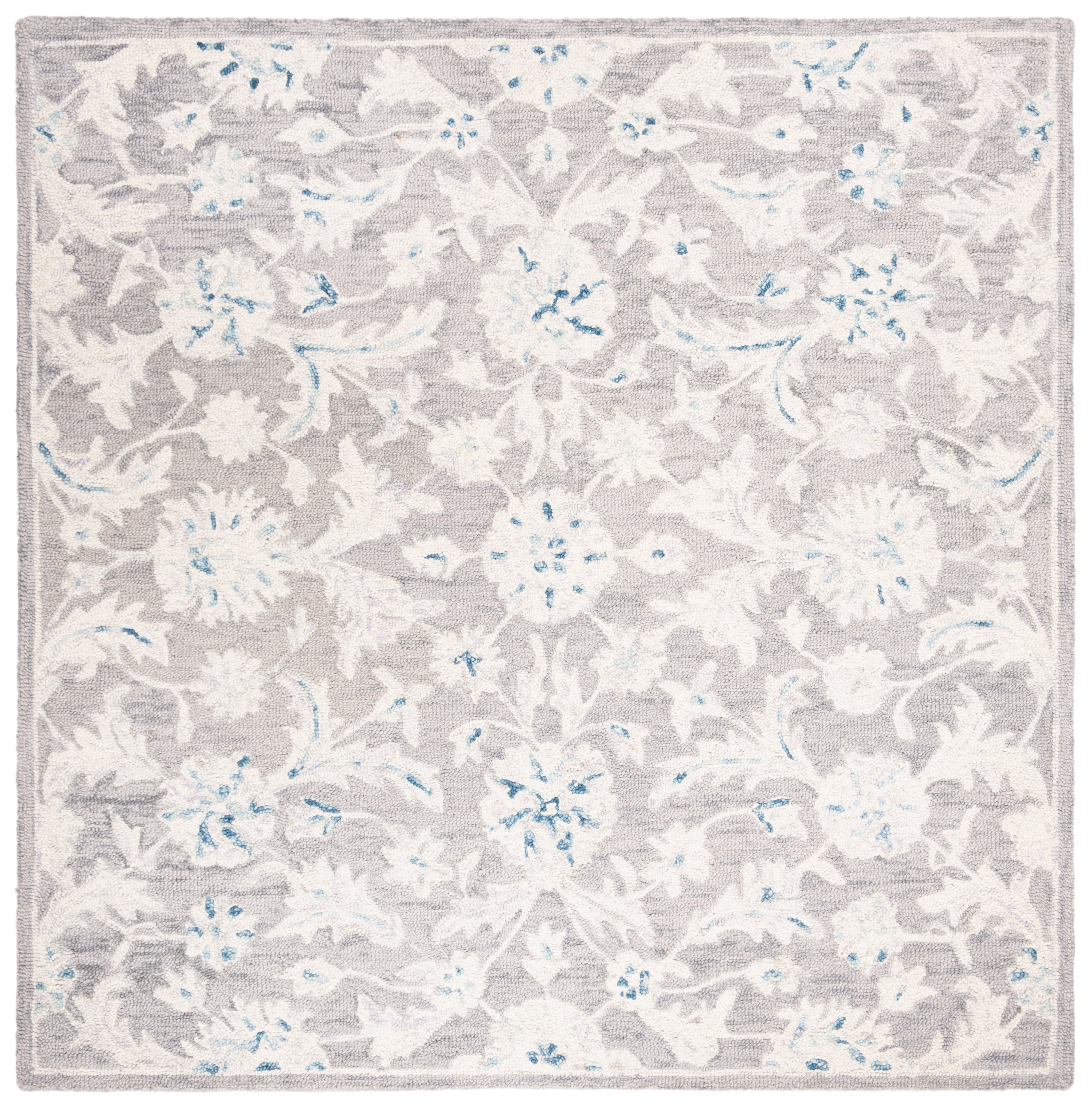 SAFAVIEH Micro-Loop Carl Floral Overdyed Wool Area Rug, Grey/Ivory, 5' x 5' Square