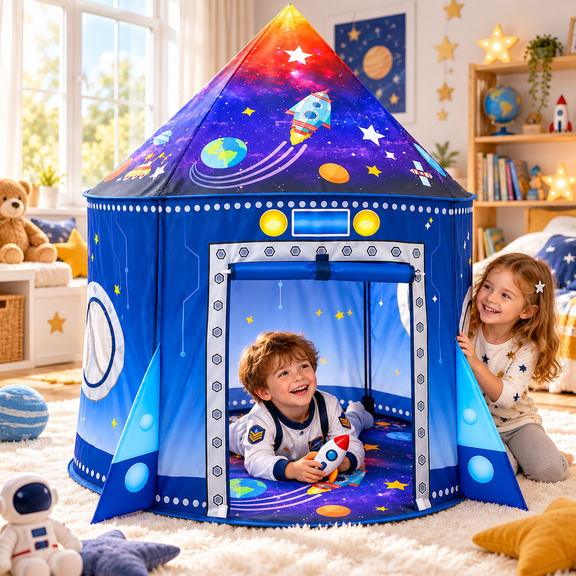 Rocket Ship Play Tent for Kids, Astronaut Spaceship Space Themed Pretend Playhouse Indoor Outdoor Games Party Children Pop Up Foldable Tent Birthday Toy for Boys Girls Toddler Baby，53'' x 40'' (DxH)