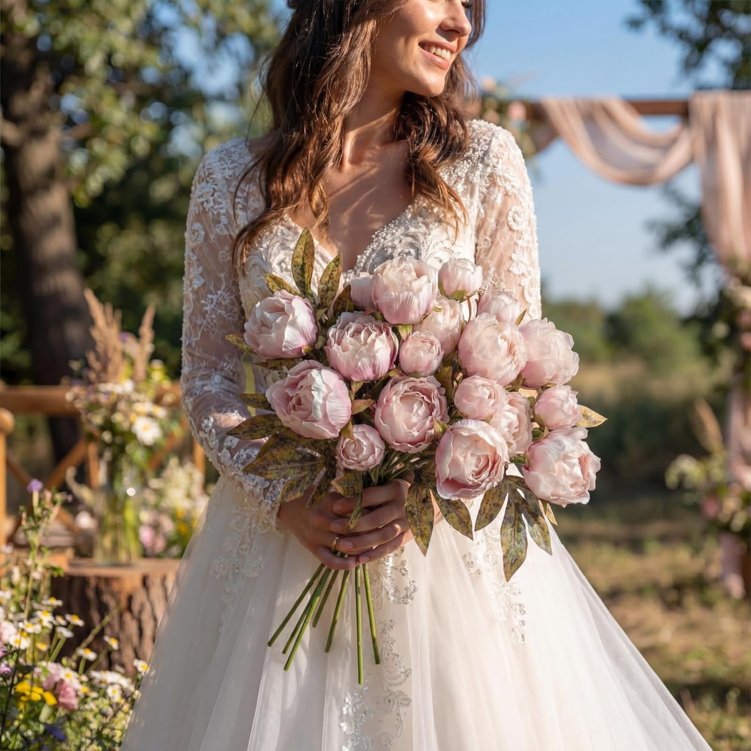 KUNPENG Mother's Day Flowers, Wedding Flowers, Artificial Peonies, Fake Flowers, Silk Peony Stems, Bridal Shower Decor, Vase Filler, Home Decoration Champagne*4