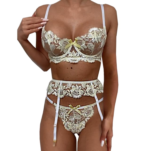 Gibobby Conjunto de lencería de encaje Tanga Liga 3 piezas Traje de ropa interior + Aros + Conjunto de encaje sexy Sujetador de Íntimos(Amarillo, G)
