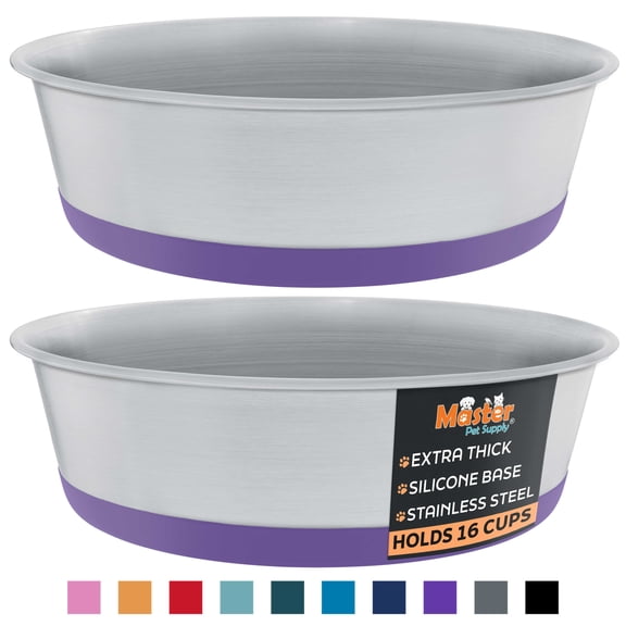 Master Pet Supply Stainless Steel Dog Bowls Set of 2 with Extra Thick Silicone Base - 16 Cup (128 oz) Plum Crazy, Non-Slip, Dishwasher Safe Metal Bowls, Pet Dog Food Bowl for Dogs, Cats, Anti Rust