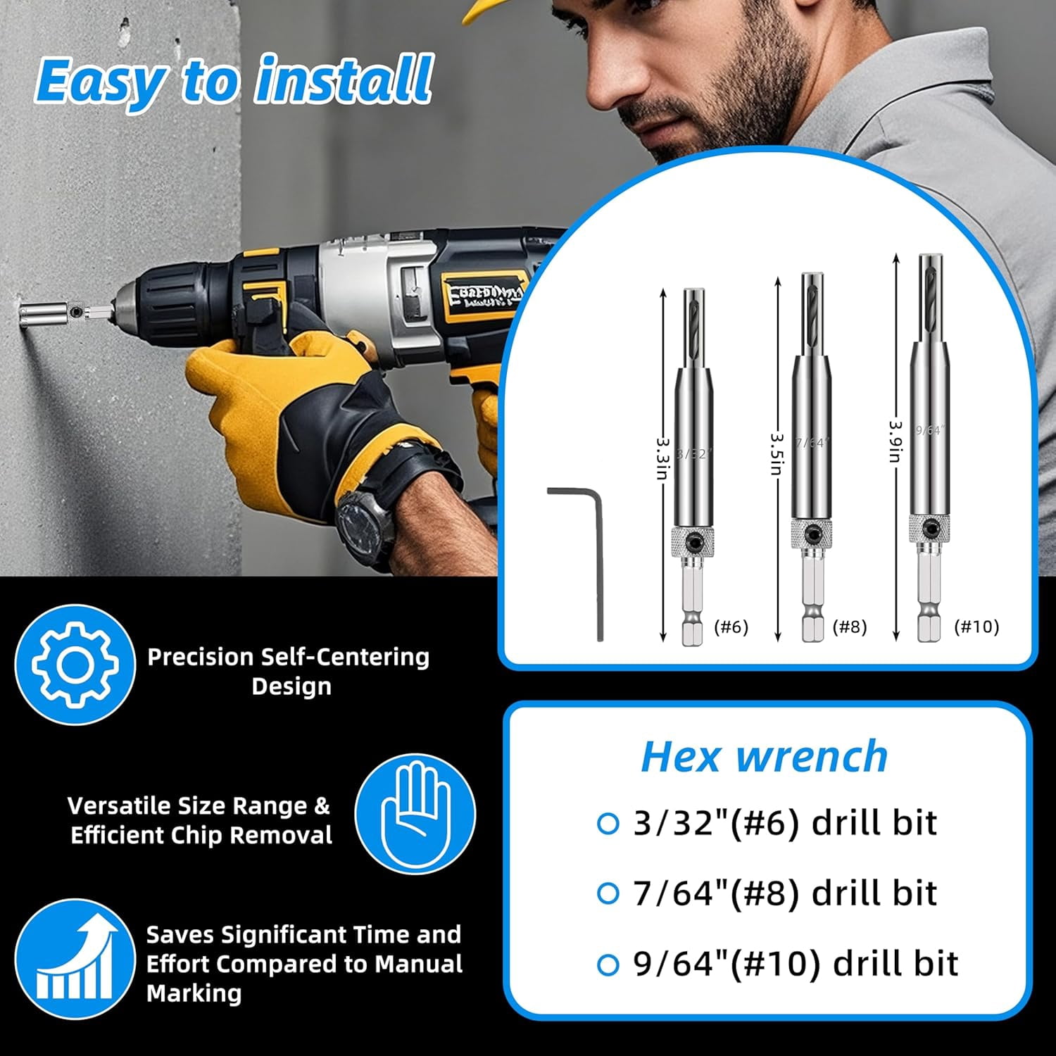 FRKSMD-Self Centering Drill Bit Set \u2013 3/32", 7/64", 9/64" Self Centering Drill Bit 1/4" Hex Shank VIX Bit with 1 Hex Key for #6 8 10 Screws \u2013 Perfect for Woodworking Door & Window Hinge Ins
