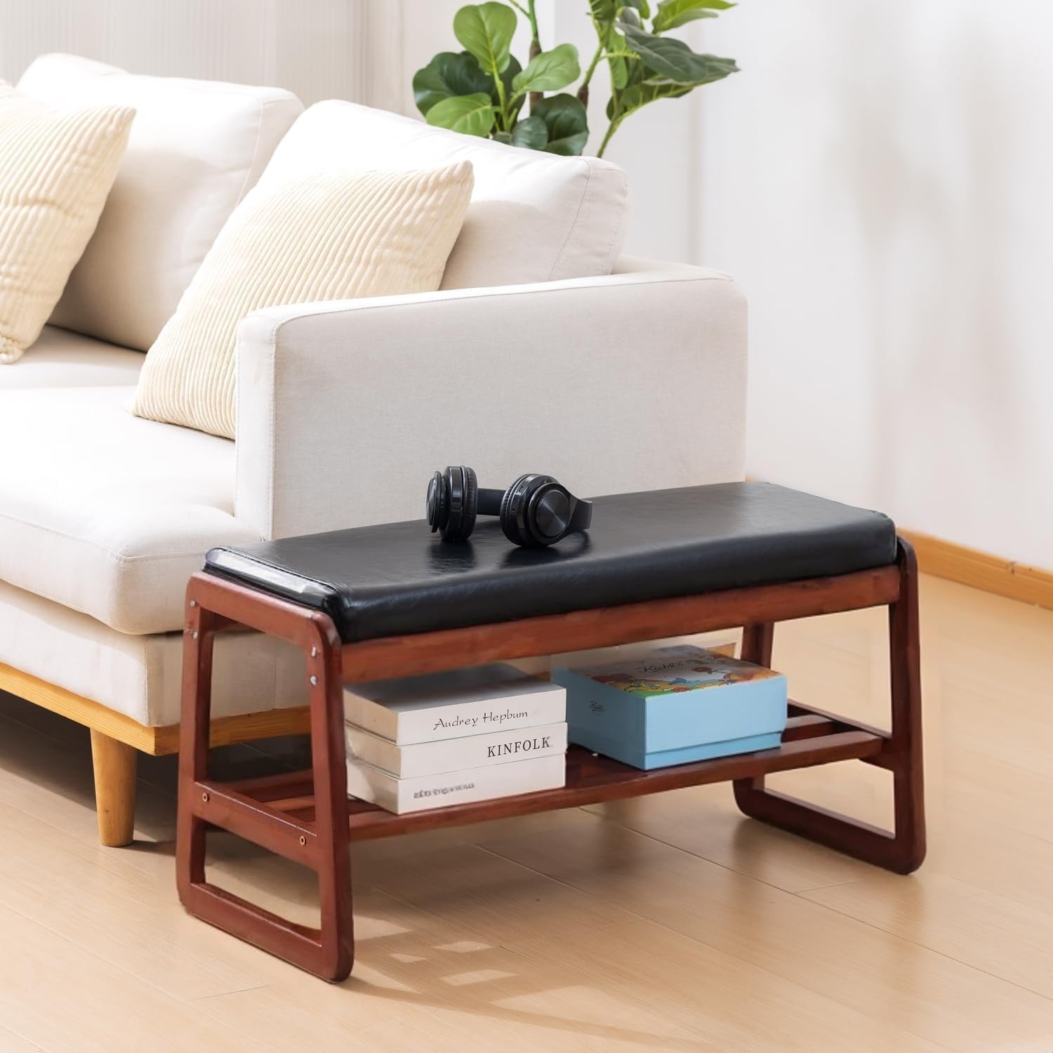 Solid Wood Shoe Bench, 2-Tier Wooden Entryway Bench, Modern Shoe Rack with Faux Leather Cushion for Hallway, Living Room