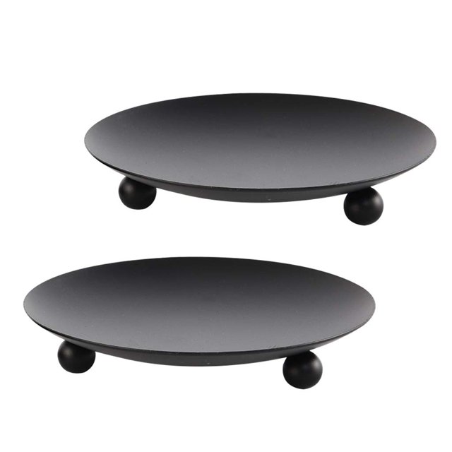 Portavelas con placa de hierro negro, plato decorativo para vela de pilar de hierro, juego de 2, 4,37 pulgadas de profundidad x 0,78 pulgadas de alto, soporte para vela de pedestal