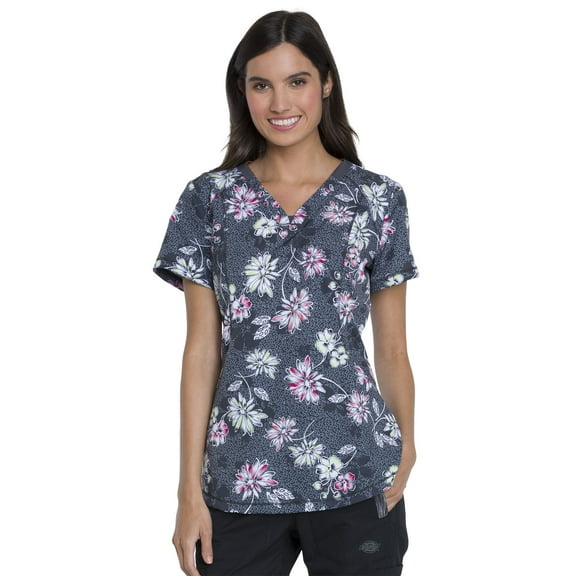 Dickies Dynamix Medical Scrubs Top for Women V-Neck DK766, XS, Bursting Blooms