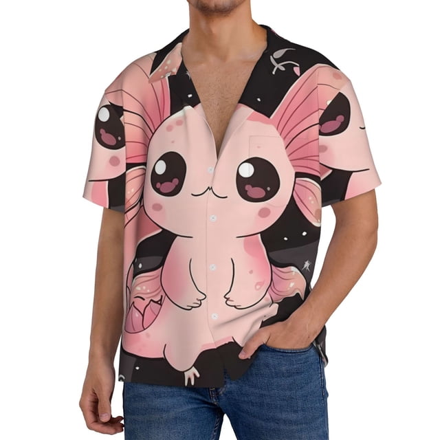 Fotbe Cute Axolotl Sakura Blossoms B Camisa Estampada de Manga Corta para Hombre, Casual de Verano, Estilo Playero, Sin Arrugas-Large