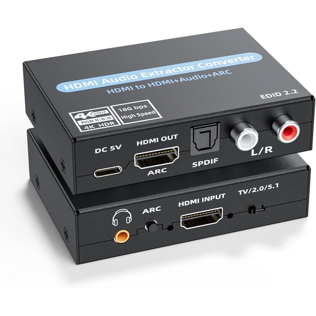 4K@60Hz HDMI Audio Extractor with ARC – Optical, 3.5mm Stereo & RCA L/R Adapter, Supports 5.1 Audio, HDCP 2.2, HDR, 18Gbps – for PS5, Xbox, HDTV, Soundbar
