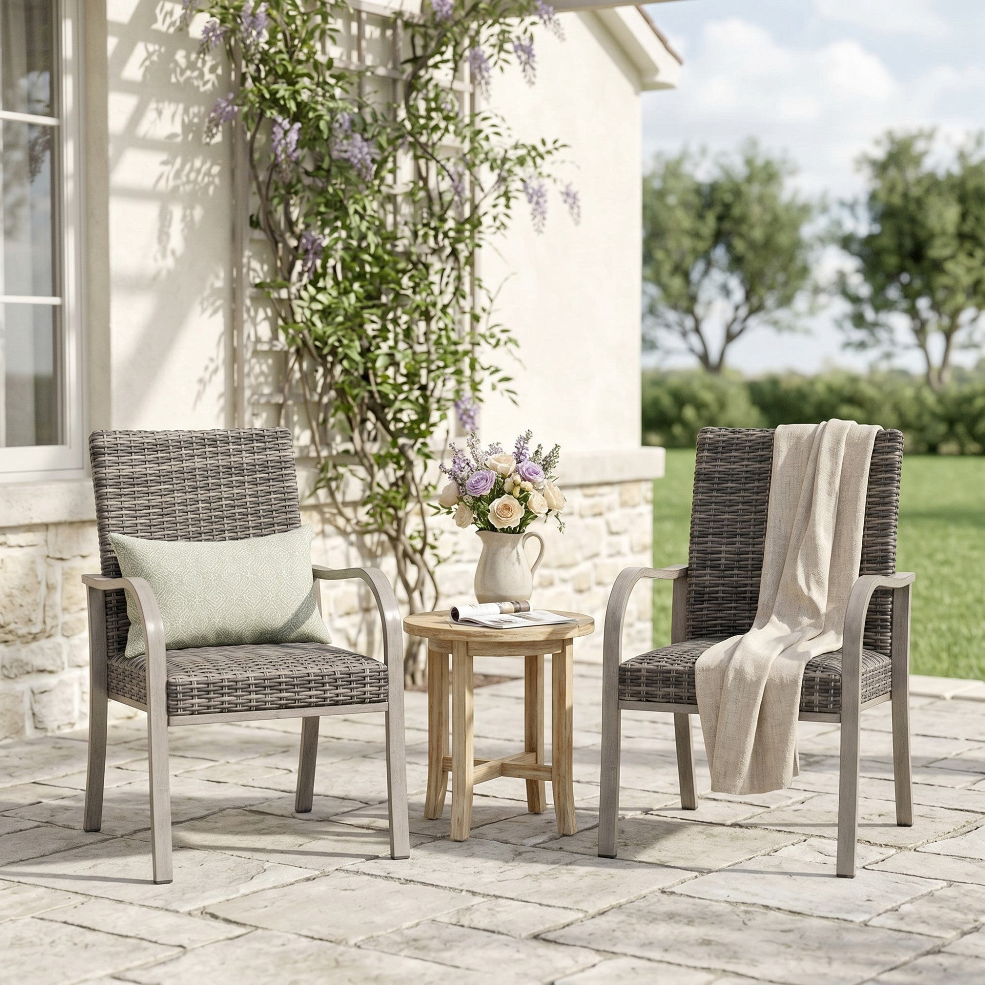 Sailvan Outdoor Dining Chairs, 2PC All-Weather Wicker/Metal Frame with Water Washed Cotton Seat