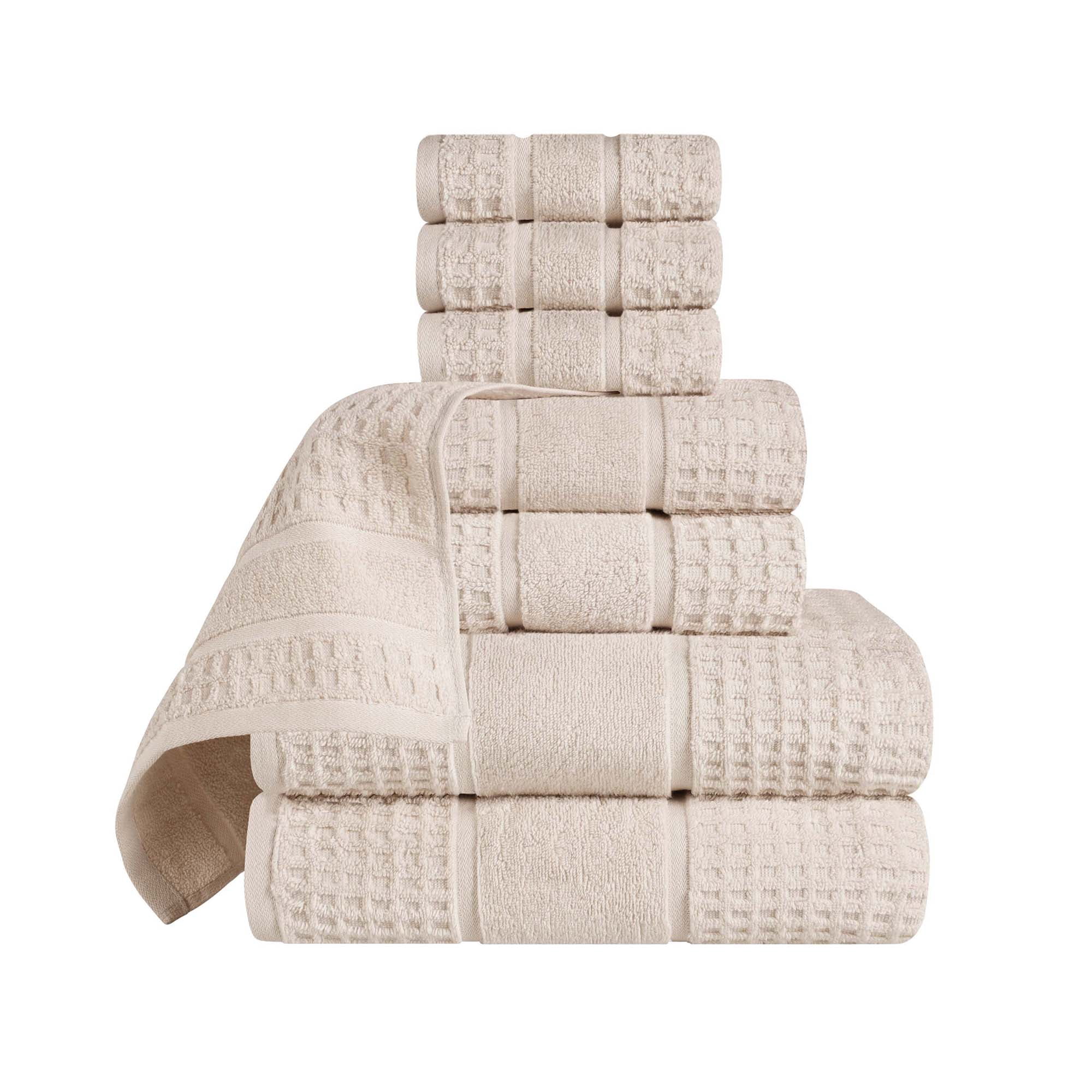 Superior Zero Twist 8-Piece Cotton Towel Set, Waffle Border Ultra Doft Quick Dry Towels, Ivory