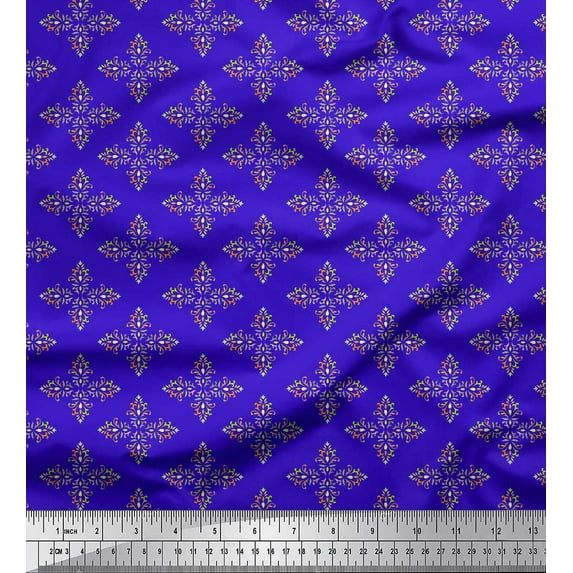 Soimoi Blue polyester Crepe Fabric Artistic Flower Damask Printed Fabric 1 Yard 52 Inch Wide