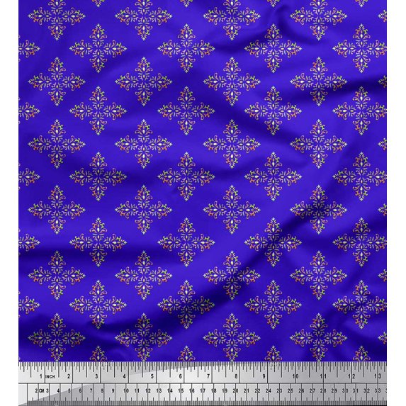 Soimoi Blue polyester Crepe Fabric Artistic Flower Damask Printed Fabric 1 Yard 52 Inch Wide