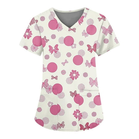 

Elevate Your Scrubs Style! HIMIWAY Practical Nurse Wardrobe Women s Floral Printing Short Sleeve V-neck Tops Working Uniform Pocket Blouse Beige 3XL