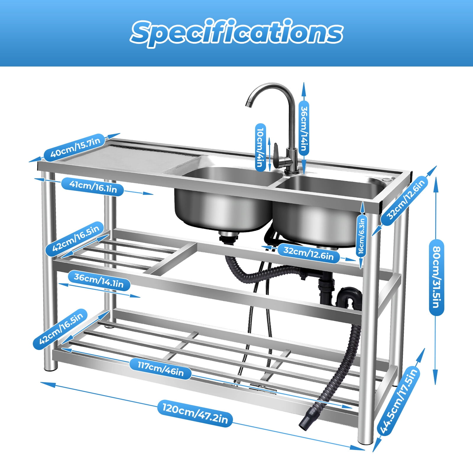 Stainless Steel Commercial Sink Kitchen Utility Sink with 2 Compartments + Prep Table