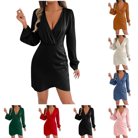 Oksale Cross V Neck Mini Dresses for Women Trendy Long Sleeve Winter Dress Sexy Cozy Soft Wedding Party Satin Dresses for Holiday Black S