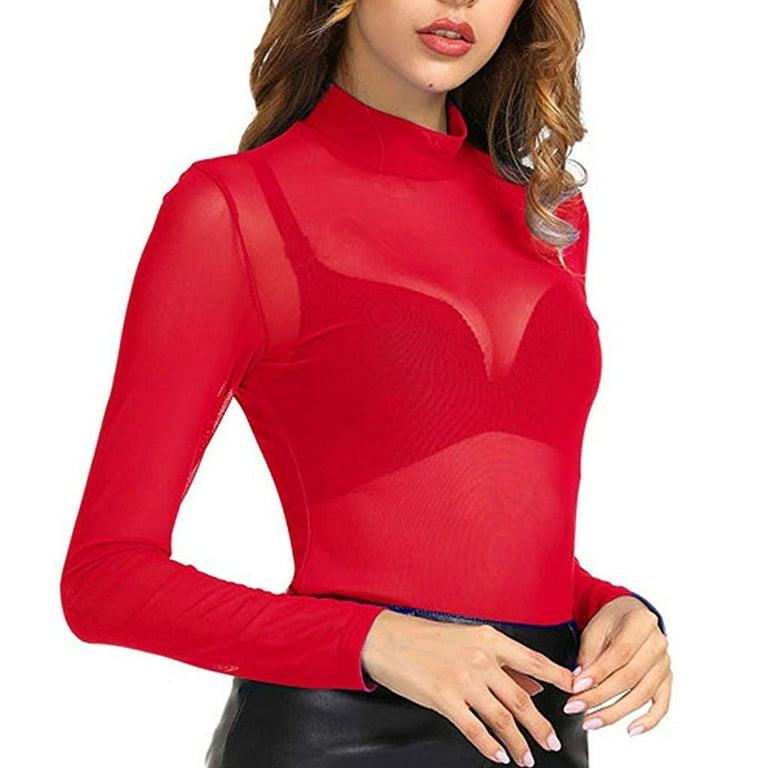 Womens Long Sleeve High Neck Arm Shaper Top Sheer Mesh Yoke Casual Blouse  Shirt Daily Wear Loose Casual Women'S Wear Red L 