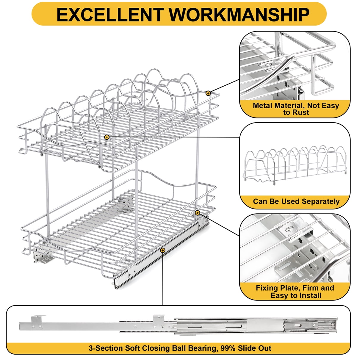 FULGENTE Pull Out 2-Tier Lid Cookware Cabinet Organizer