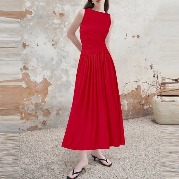 WILLBEST Vestidos De Mujer Vestido Casual Sin Mangas De Color Sólido Para Mujer Vestido Midi De Verano Con Cintura Ajustada A La Moda