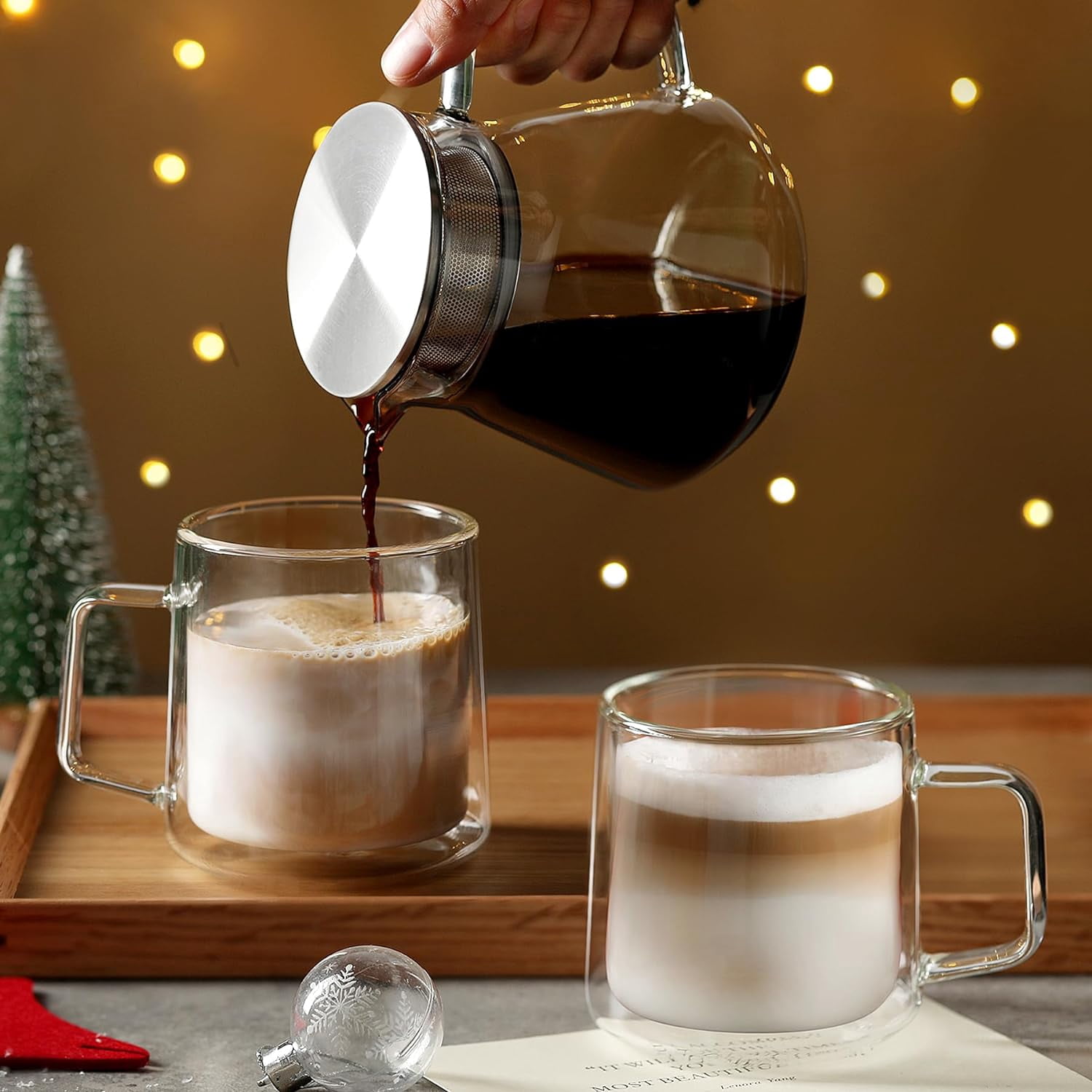 10oz Glass Coffee Mugs,Double Wall Insulated Glass Mugs with Handle,Clear Espresso Mug for Latte,Cappuccino,Tea Bag,Set of 2