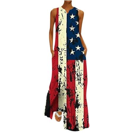 

Women Sleeveless Deep V Neck Dress 4th of July PrintedLoose Plain Long Maxi Casual Dress
