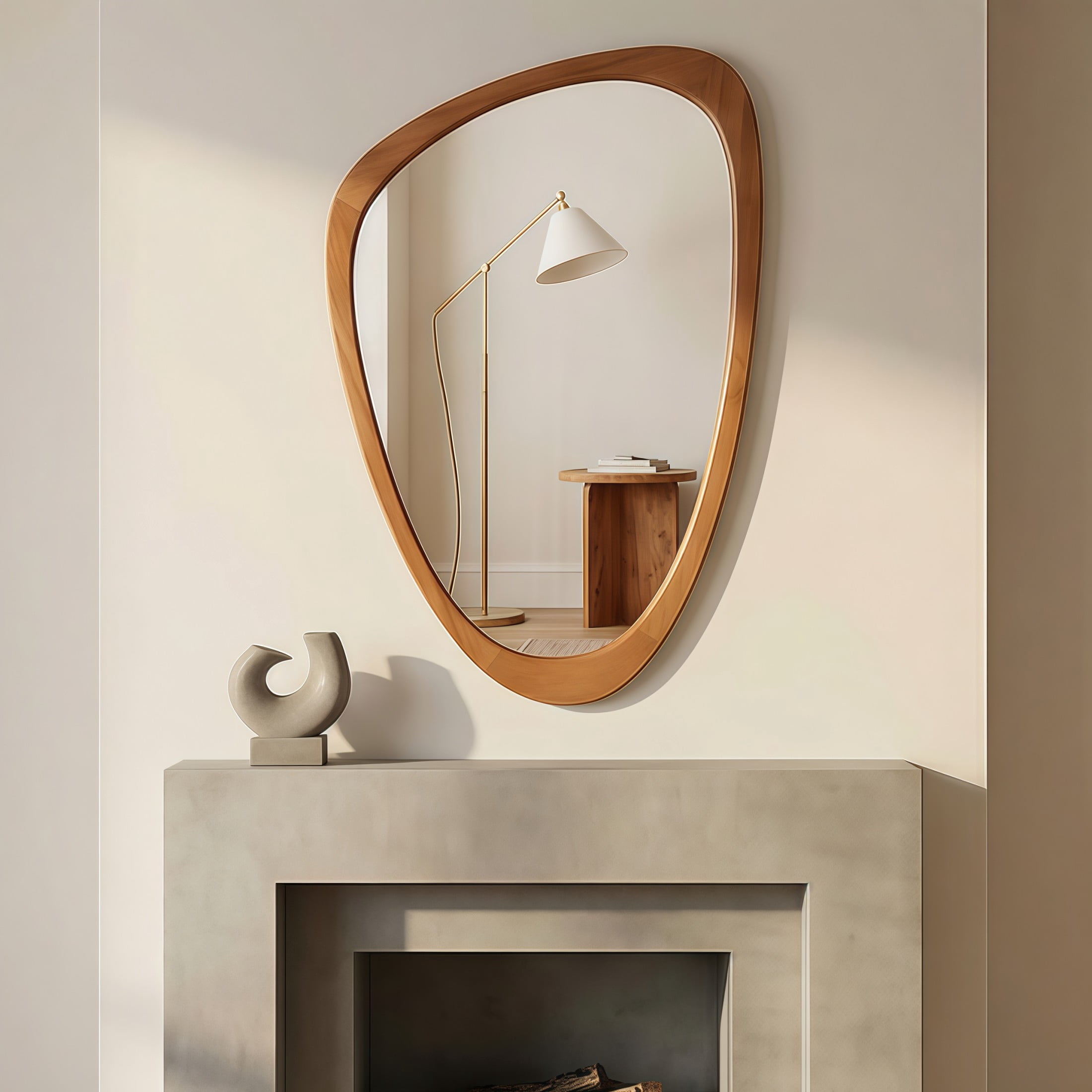 Noble House 24"x36" Irregular Solid Wood Wall Mirror, Modern Asymmetric Decorative Accent Bathroom Mirror, Yellowish Brown
