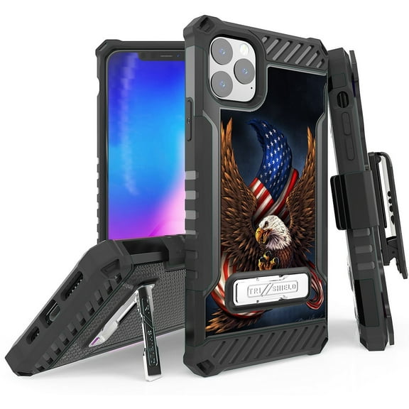 Tri-Shield [PATRIOTIC SERIES] Rugged Case Metal Kickstand Cover   Belt Clip Holster [USA PRIDE DESIGN] for Apple iPhone 11 PRO MAX (2019, 6.5" Model)