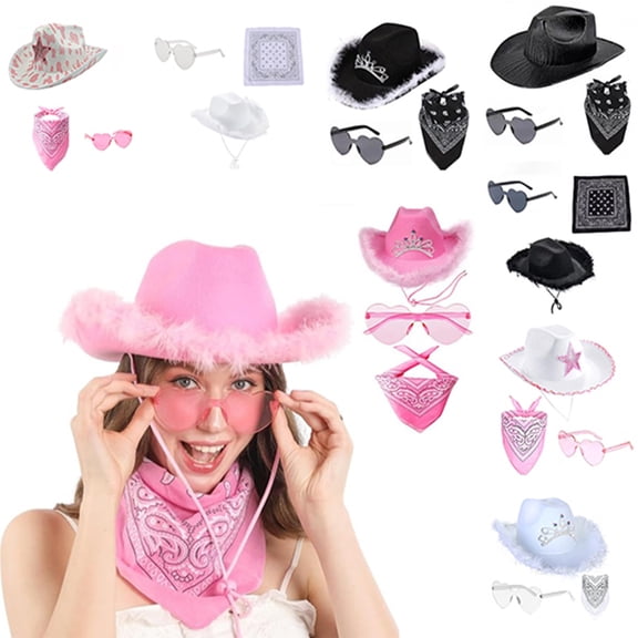 JIAHONG 3 Pcs Cowgirl Hat Headband Set Mini Cowboy Hat Heart Glasses Bandana for Women Cowboy Party , PK2