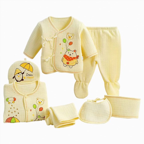 TAmten New Born Baby Girls Gift 7PCS Newborn 0-3M Boys Girls Baby Cotton Clothes Bib Tops Hat Pants Bellyband Suit Outfit Sets OneSize Light Yellow ,0-3 Months