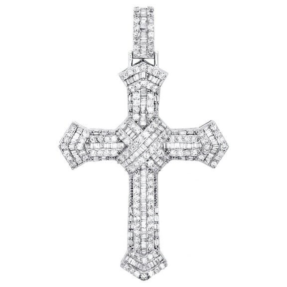 10K White Gold Round & Baguette Diamond Cluster Cross Pendant 2.5" Charm 3.20 CT