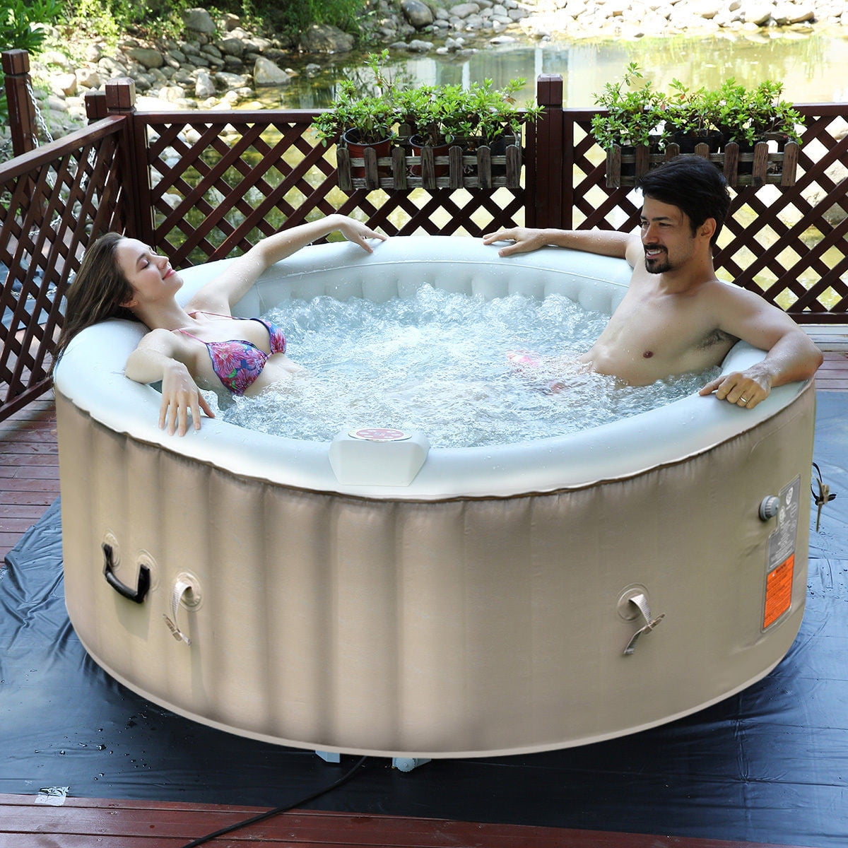 Portable Inflatable Bubble Massage Spa Hot Tub 4 Person Relaxing Outdoor White by