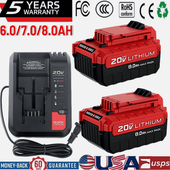 2Packs 8.0Ah 20V Max Li-ion Replacement Battery for Porter Cable PCC685L PCC680L Power Tool whit Battery Charger PCC692L