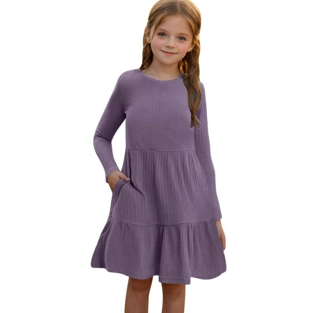 Odeerbi Niñas de Manga Larga Vestido de Punto de Canalé Niños Color Sólido Cuello Redondo Vestido de Princesa Con Bolsillo