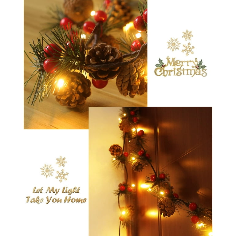 Christmas Garland Lights with Remote and Timer 6.56FT Pine Cone Lights with  Red Berry 20 LED Battery Operated Garland String Lights 6 Brightness