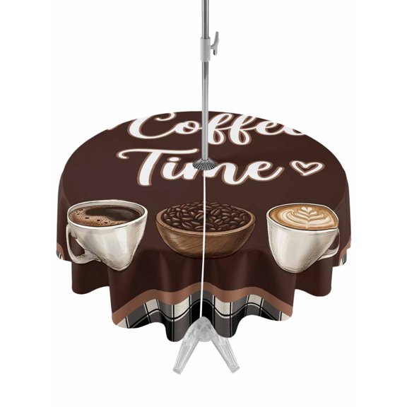 Outdoor Tablecloth with Umbrella Hole Zipper Coffee Time Round Tablecloth 60" Waterproof Outside Table Cloth Vintage Farmhouse Coffee Beans Black Plaid Patio Table Cover Tablecloths for Picnic Party
