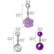 Womens Silver Tone Belly Ring 3-Pack with Purple Crystal and Rose Design, 14G