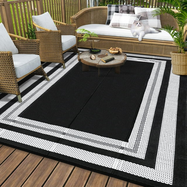HOMERRY 8' x 10' Black White Geometric Outdoor Rug Straw Plastic Area Rug for Balcony Pool RV Waterproof Reversible Carpet