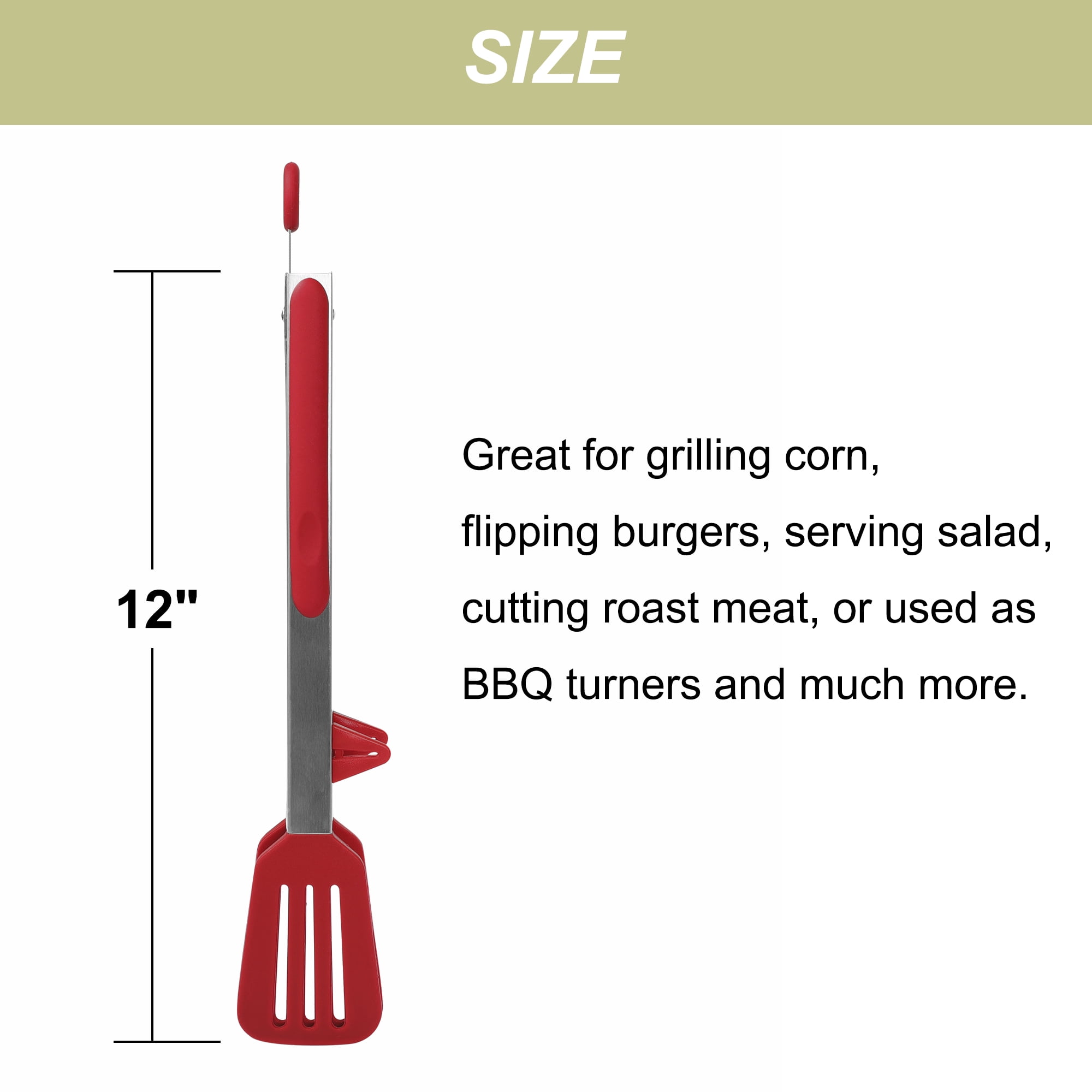 Unique Bargains Stainless Steel Silicone Kitchen Tongs for Barbeque, Cooking, Red, 12"