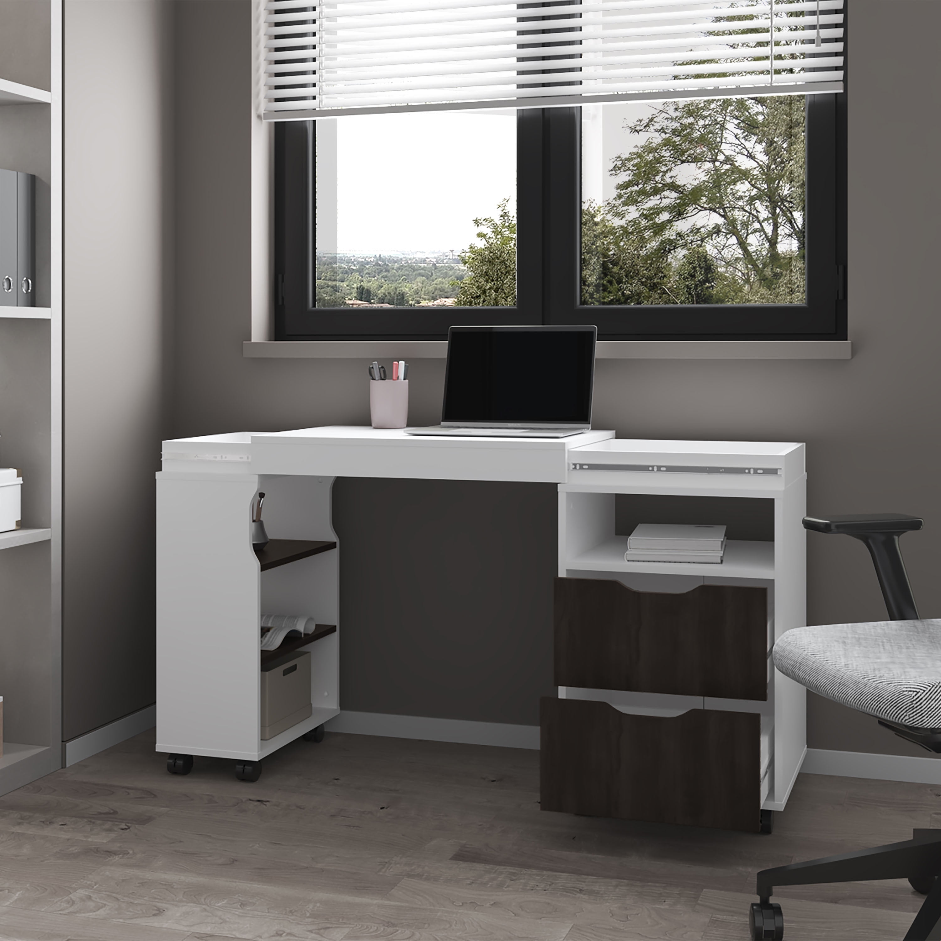 Astoutdoor Loris Extendable Desk with Two Drawers and Open Shelves