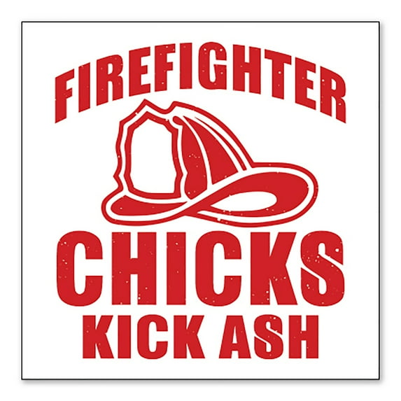 DistinctInk Custom Bumper Sticker - 4" x 4" Decorative Decal - White Background - Firefighter Chicks Kick ASH