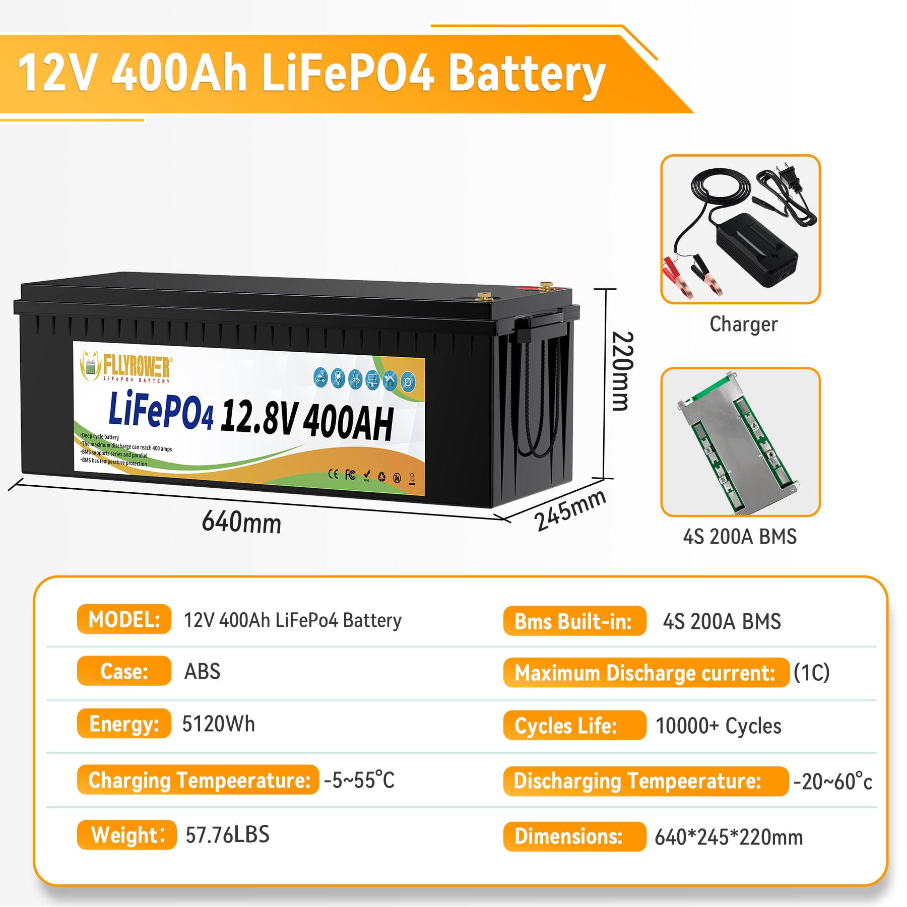 12V 400Ah Golf Carts LiFePO4 Battery with Charger,Built in 200A BMS,FLLYROWER for RV,Marine,Trolling Motor,Solar System,16000+ Deep Cycles & 10 Years Lifetime